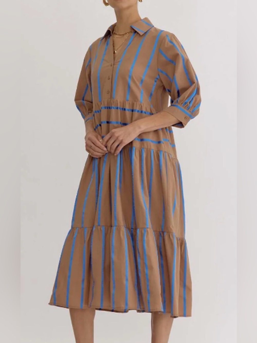 entro Tan Dress with Blue Vertical Stripes - Midi Shirt Style